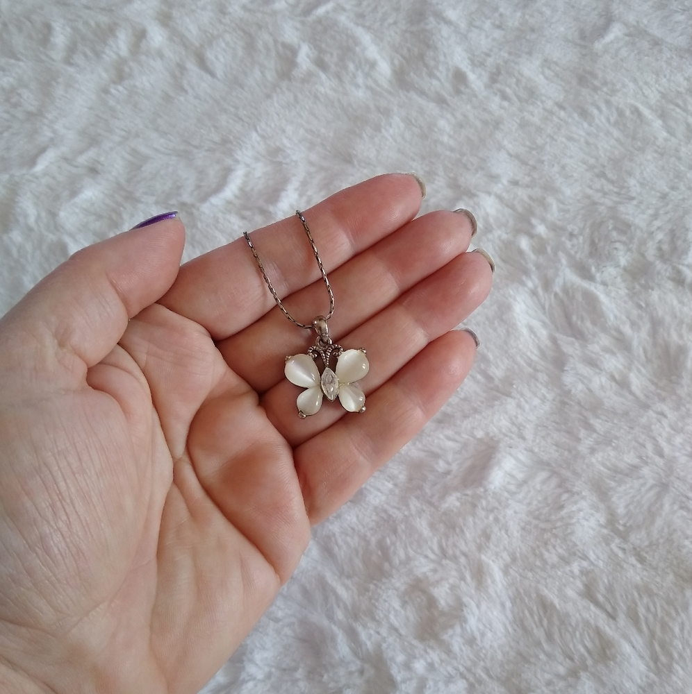 Silver Tone White Stone Butterfly Necklace